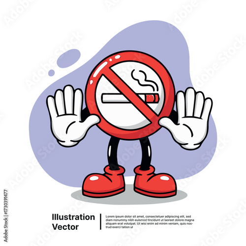 Cartoon no smoking sign character with stop gesture, promoting a smoke-free environment and healthy lifestyle