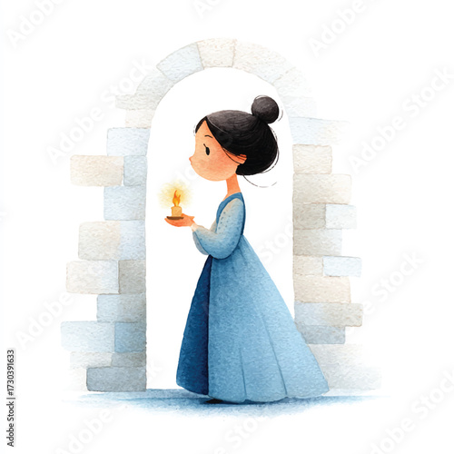 A young woman in a light blue gown holds a candle in front of an archway.