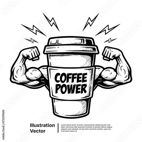 Dynamic coffee cup illustration with strong flexing biceps, representing morning energy and power