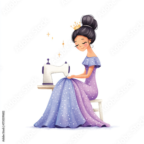 A young woman sews a beautiful purple gown, focused on her craft, a serene and creative scene.