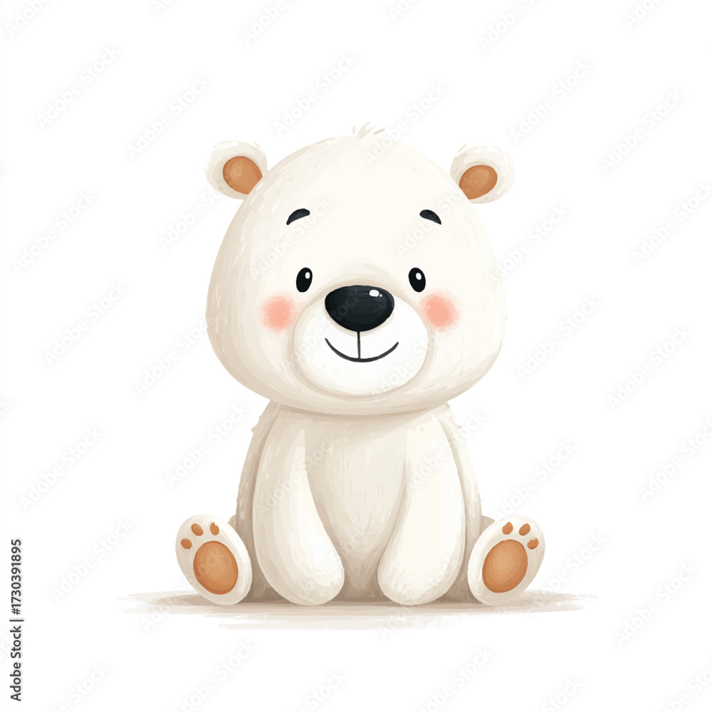 Naklejka premium Adorable Cartoon Polar Bear Cub Sitting with Gentle Smile.