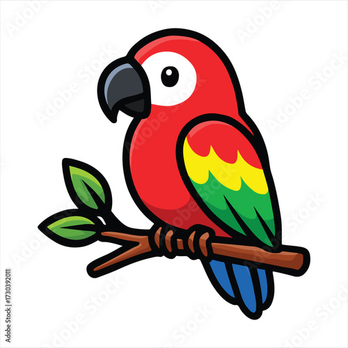 Colorful Parrot Sitting on Branch Cartoon Vector Illustration