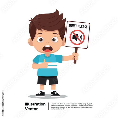 Adorable little boy emphasizes the importance of silence, holding a 'Quiet Please' sign in a playful illustration