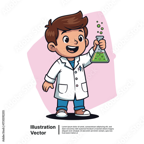 Cheerful young boy scientist conducting a fun chemical experiment with bubbling liquid in a lab