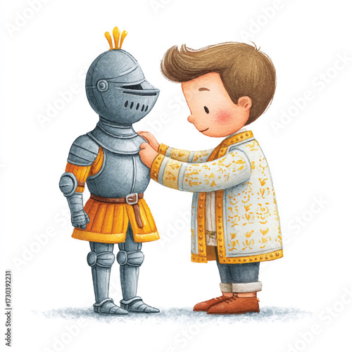 Boy Adjusting Knights Armor - A Heartwarming Act of Care.