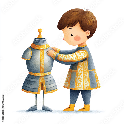 Boy Adjusting Armor on Mannequin with Focused Expression.