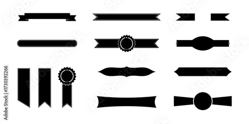 Decorative shapes collection. Black silhouette ribbon banners, labels, badges & awards vector set