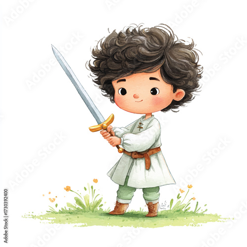 Brave Cartoon Boy with Sword Ready for Adventure.