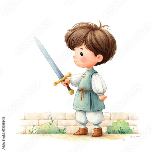 Brave young boy in a green tunic holding a shining sword, ready for adventure.