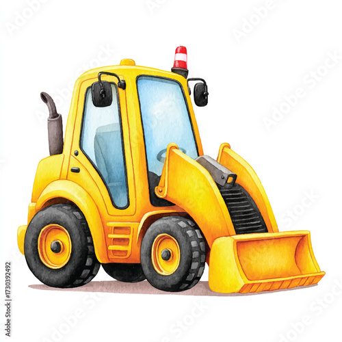 Bright Yellow Front Loader Construction Vehicle Isolated on White Background.