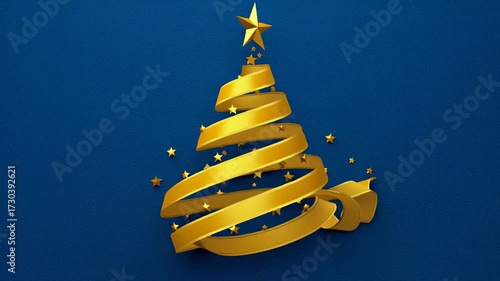 Creative Christmas Tree Decoration With Golden Ribbons and Stars on Blue Background
