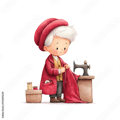 Cartoon tailor diligently sewing fabric at a wooden table with sewing machine.