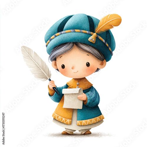 Cartoon Scribe with Quill and Scroll in Blue and Gold Attire.