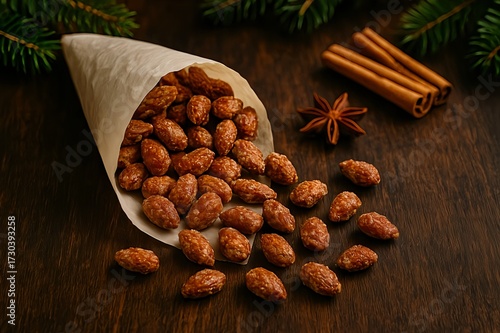 Gebrannte Mandeln in Papiertüte auf Holztisch als traditionelles Weihnachtsmarkt-Motiv für Winter, Genuss und festliche Stimmung