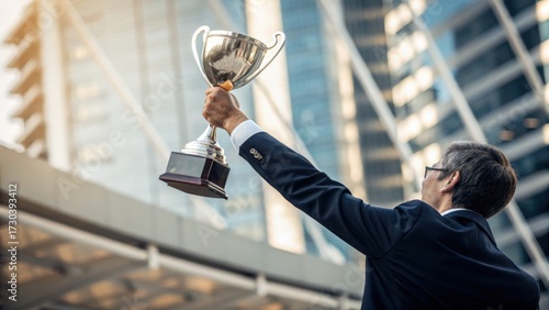 Successful businessman holding trophy in the air celebrating business success