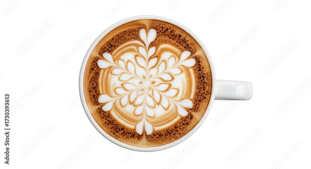 Fototapeta premium A top view of a cup of coffee with latte art in a white cup on a plain white background isolate