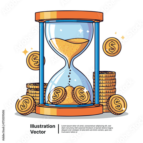 Visual representation of time converting into wealth an hourglass filled with golden dollar coins, illustrating investment, savings, and the continuous flow of financial prosperity
