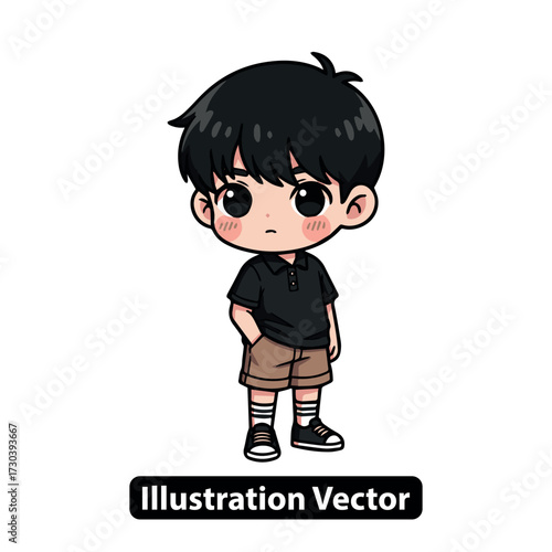 Charming Chibi Boy Character Illustration with Playful Expression and Casual Attire