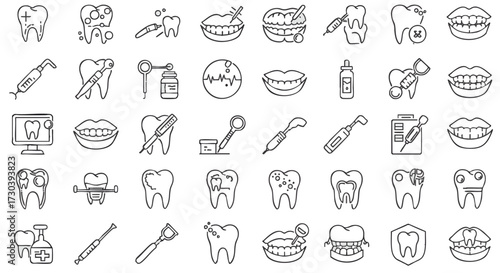 Comprehensive Collection of Dental Care Line Icons Essential Vector Set for Oral Hygiene, Dentistry Practices, and Health Concepts with Modern Outline Symbols