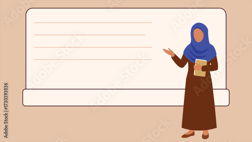 Illustration of faceless female teacher in hijab holding a book near a blank board, perfect for school, classroom, education, lecture, training, and learning related designs