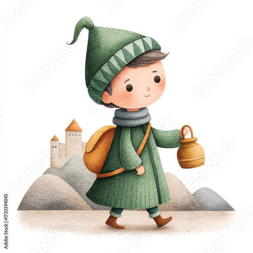 Charming watercolor illustration of a young boy adventurer in a green coat and hat, carrying a backpack and lantern, embarking on a journey.