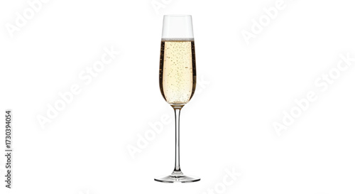 Sparkling champagne flute filled with bubbly golden beverage on white background