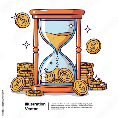 Visual Metaphor Hourglass with Gold Coins Representing Financial Investment, Time Value, and Wealth Accumulation Strategy
