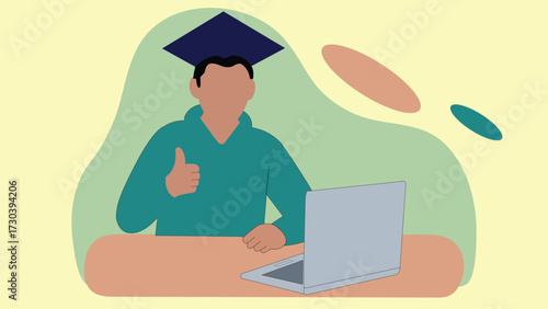 Flat design of a graduate student wearing cap using laptop and showing thumbs up, symbolizing education, online study, e learning, and academic success for digital use