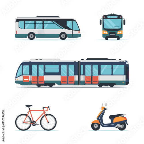 Various modes of transportation including a bus, tram, bicycle, and scooter