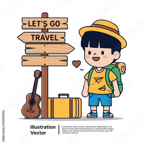 Joyful cartoon character prepared for a grand travel adventure, featuring a signpost and essential luggage