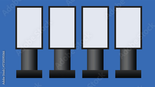 Illustration of four blank billboards with empty advertising space on strong metallic poles against blue background perfect for marketing branding outdoor ads promotion and commercial design use