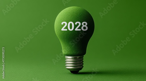 Green Bulb Representing 2028 Over Green Background, Sustainable Future, Environmental Concept