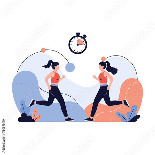 Two women running side by side with a stopwatch in the background representing fitness and exercise.