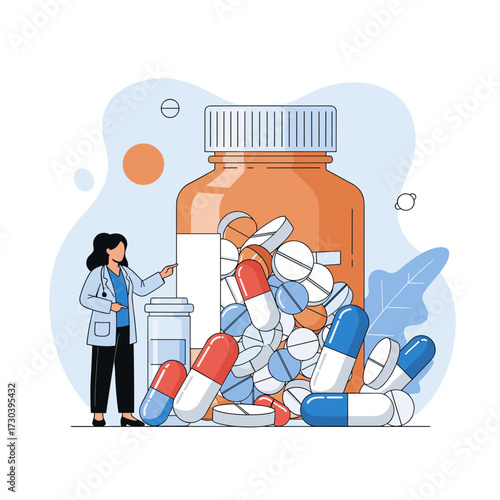 A doctor explains a large collection of different kinds of pills and capsules to a patient.