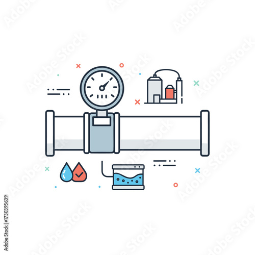 An illustration depicting a water pipeline with a pressure gauge and water quality testing equipment.