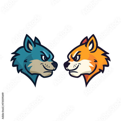 Two stylized wolf and fox heads facing each other, representing competition or rivalry