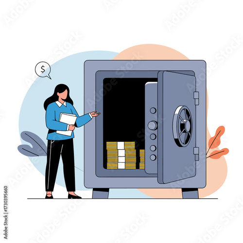 A woman securely stores stacks of coins inside a large vault for safekeeping.