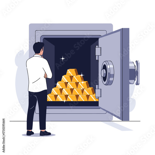A man stands looking at a pile of gold bars inside an open safe.