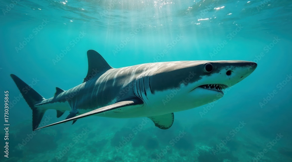Fototapeta premium Majestic Shark Swimming Gracefully Underwater in Clear Blue Ocean Environment with Sunlight Rays