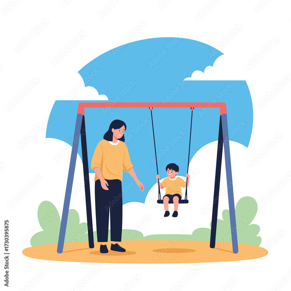 Fototapeta premium A caring mother gently pushes her young son on a playground swing under a bright blue sky.