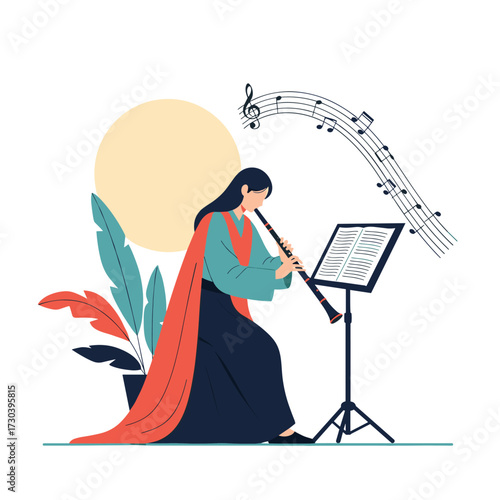 A musician plays a woodwind instrument with sheet music and decorative plants nearby.
