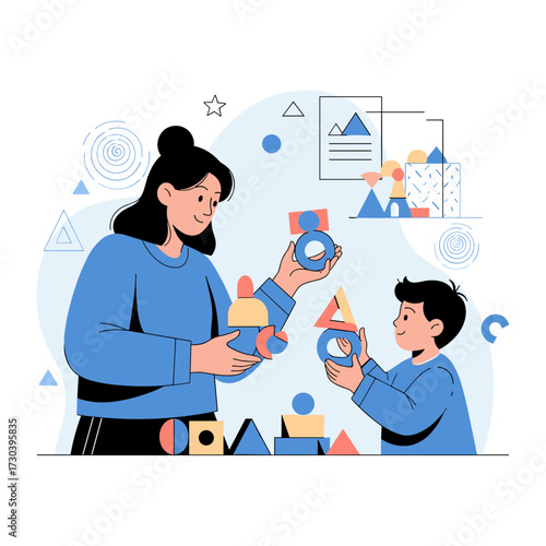 A mother and son playing with colorful building blocks and learning geometric shapes together.