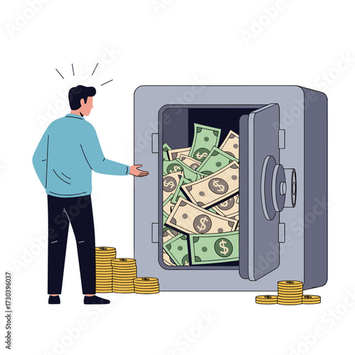 A man amazed at a safe filled with money and gold coins.