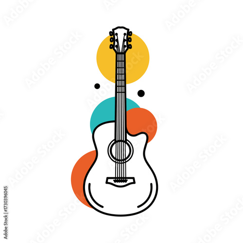 Acoustic guitar with colorful abstract circles and dots on a white background.