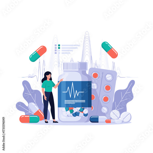 A woman stands next to a bottle of pills and a blister pack of pills.