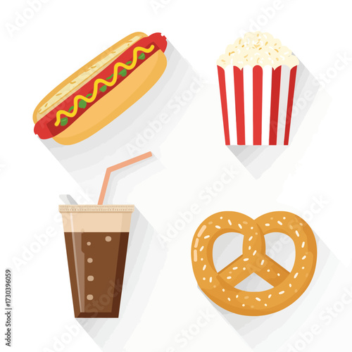 Delicious snacks illustration Hot dog, popcorn, soda, and pretzel, perfect for food and entertainment