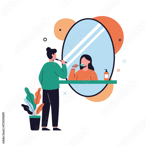 A person brushing their teeth in front of a mirror.