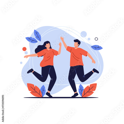 Two people happily celebrating with a high five and jumping for joy.