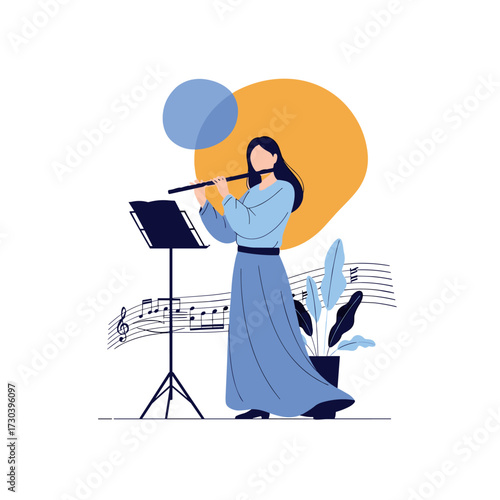A woman playing a flute in front of a music stand with musical notes.
