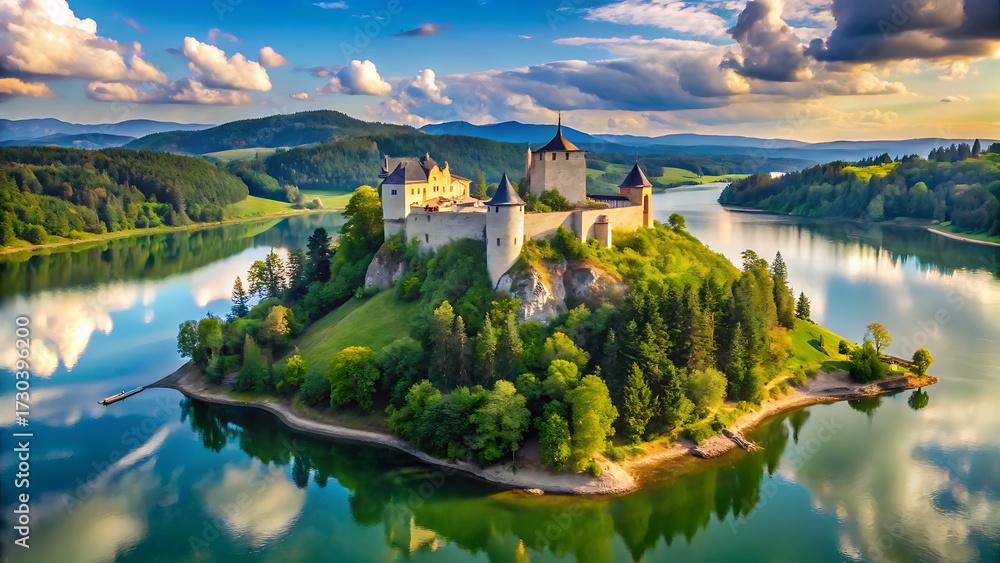 Fototapeta premium Panoramic view of castle in niedzica by lake czorsztyn travel destination